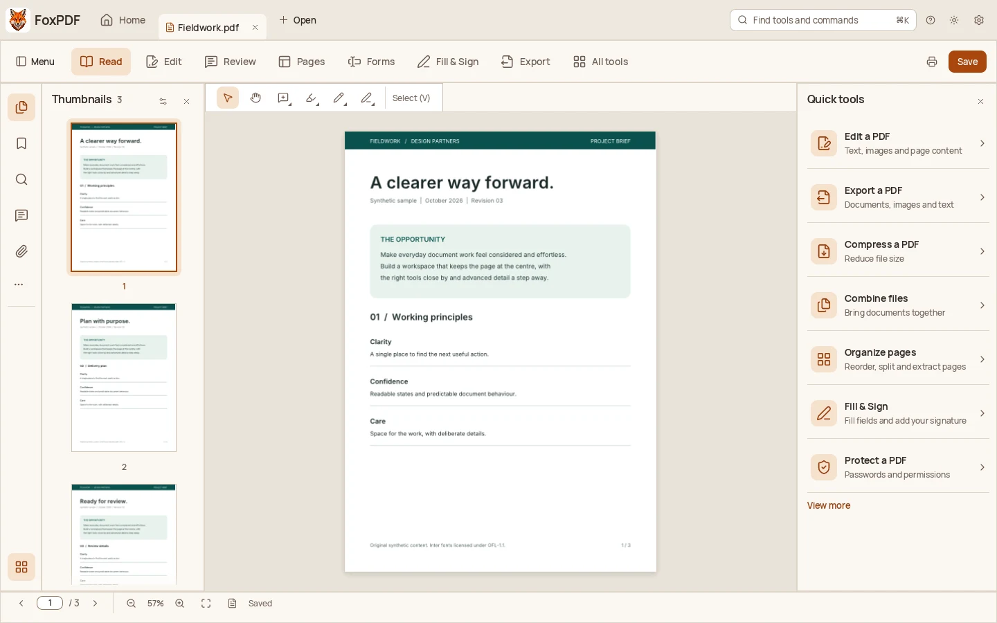 FoxPDF development workspace with page thumbnails, a synthetic project brief and a Quick tools panel